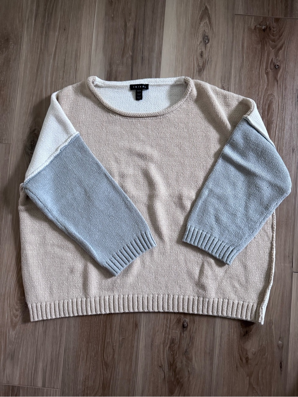 Tribal Colorblock Crewneck Sweater - Beige, Light Gray & Cream 3/4 length sleeve